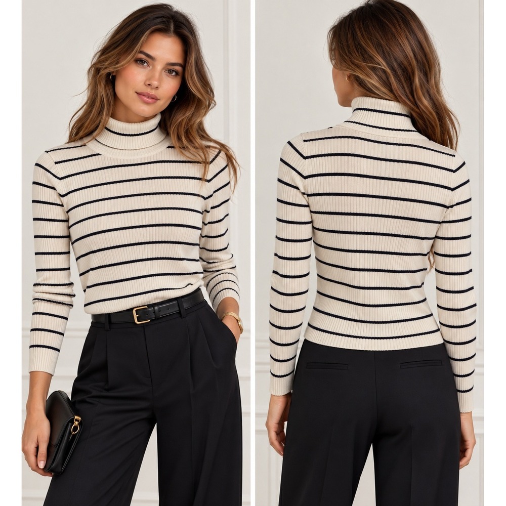 Lauren Ralph Lauren Striped Ribbed Turtleneck Sweater Cream Navy Blue Womens M